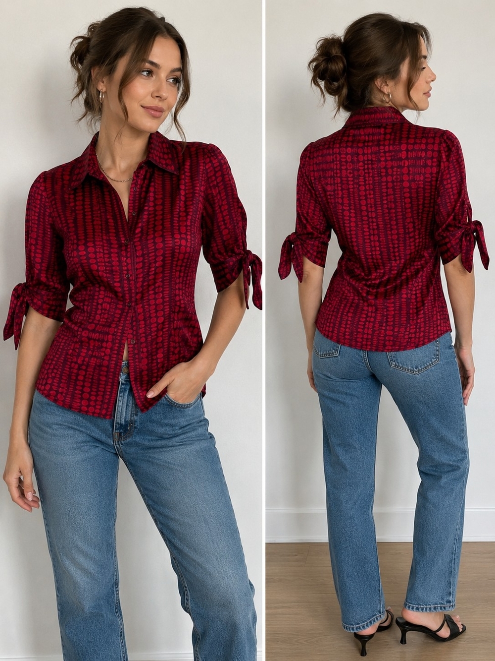 bebe Red Dot Print Button-Up Blouse